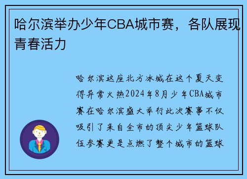 哈尔滨举办少年CBA城市赛，各队展现青春活力