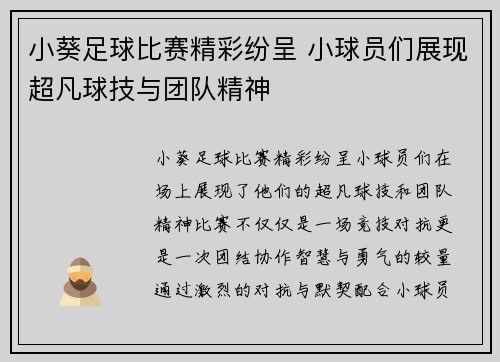 小葵足球比赛精彩纷呈 小球员们展现超凡球技与团队精神