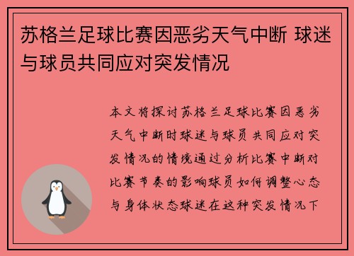 苏格兰足球比赛因恶劣天气中断 球迷与球员共同应对突发情况